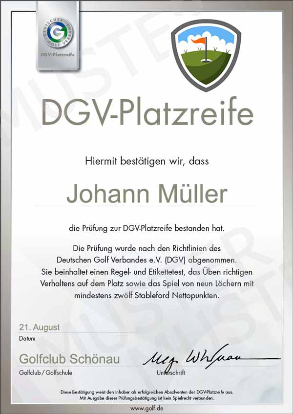 Platzreife Zertifikat DGV Golfverband